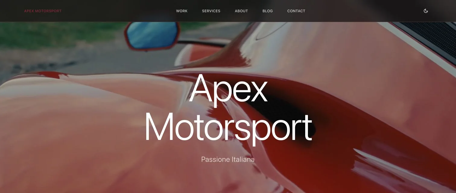 Apex Motorsport digital showroom displaying a red sports car