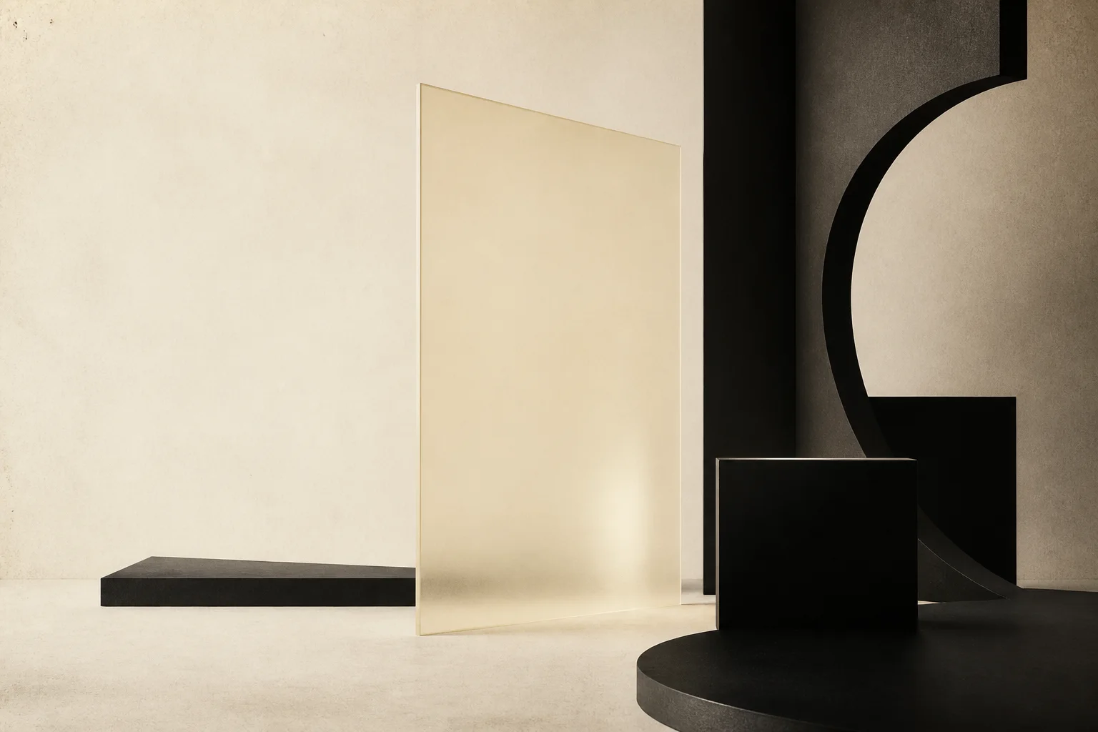 Abstract black architectural forms and a translucent bone panel